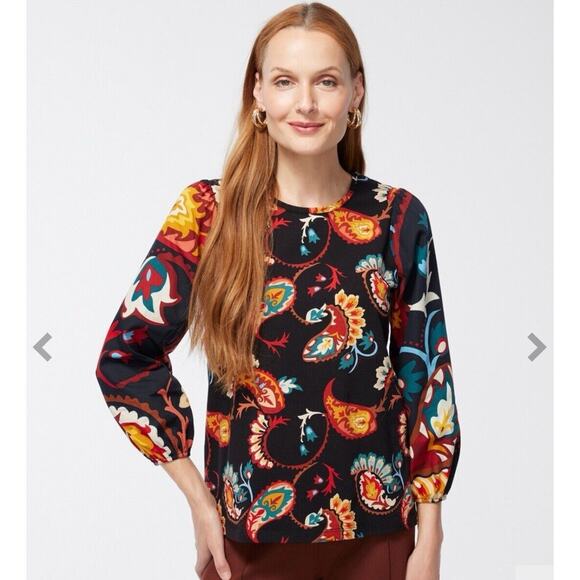 Chico's Paisley Top Blouse, size 2 / Large Boho Stretch Knit Puffed Sleeves 70s - Picture 1 of 7